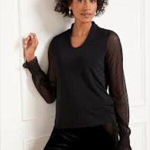 NWT Talbots Navy Blue Lace Sleeve Crepe Blouse size Large